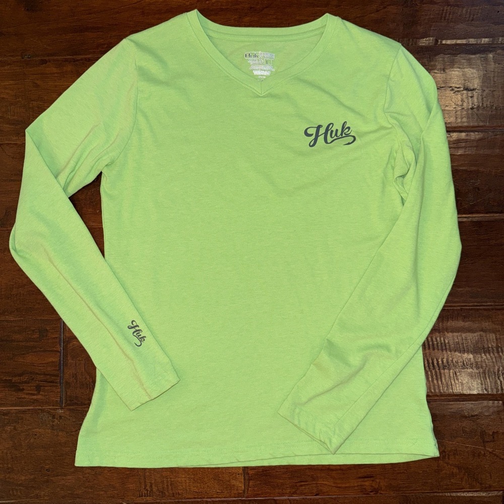 Huk Long Sleeve Cotton T-Shirt Size Large Lime Green Fishing Outdoors
